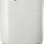 Close-up of a white, cylindrical water heater or boiler mounted on a wall.