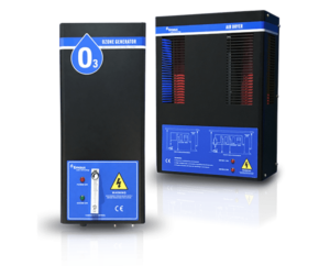 Ozone generator device with blue and black casing, displaying technical labels and warning symbols.