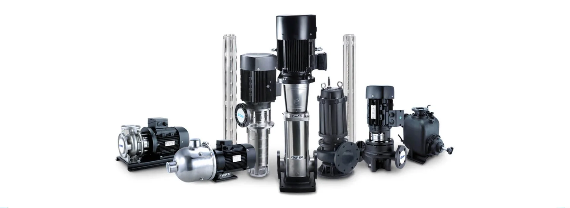 Various industrial water pumps and motors arranged on a white background.