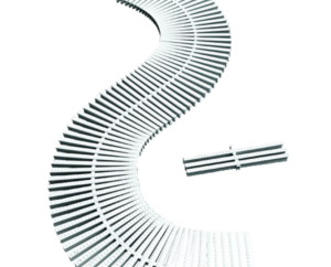 A spiral staircase with white steps and a black background.