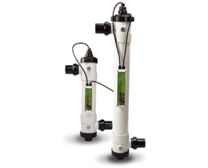 Three water filtration units of different sizes with transparent sections showing filtration media