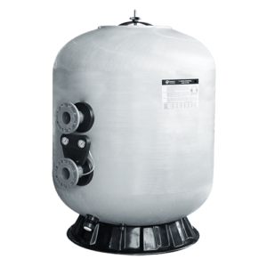 A cylindrical white pool filter with black multiple ports and a black base.