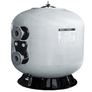 A large, white, cylindrical industrial pressure tank with two black and silver pipe connections on the front and a label on the side.