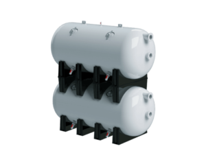 A white cylindrical industrial pressure vessel mounted on a black metal support against a reflective surface.