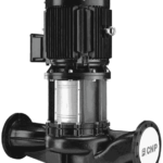 A black and silver industrial pump with a cylindrical chamber and inlet/outlet pipes.