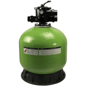 Green pool or spa filter tank with control valve and black base.