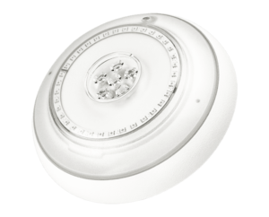 A white smoke detector with a circular design and a central sensor area.