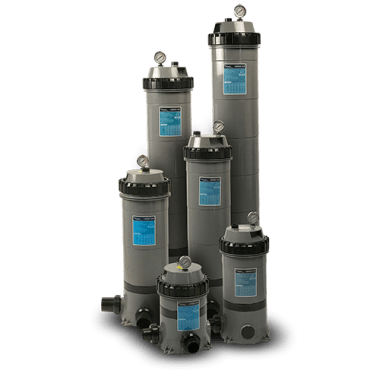 Six gray filtration units with blue labels, arranged in a group on a black background.
