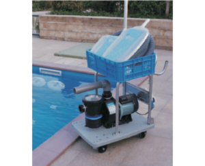 Poolside cart with a filter pump and a basket containing pool cleaning equipment