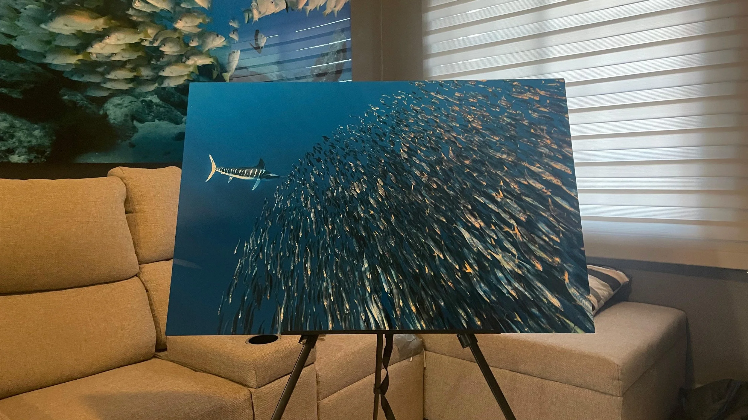 Cuadro de pintura que muestra una escuela de peces en un arrecife de coral en el mar, con un pez lanza en primer plano.