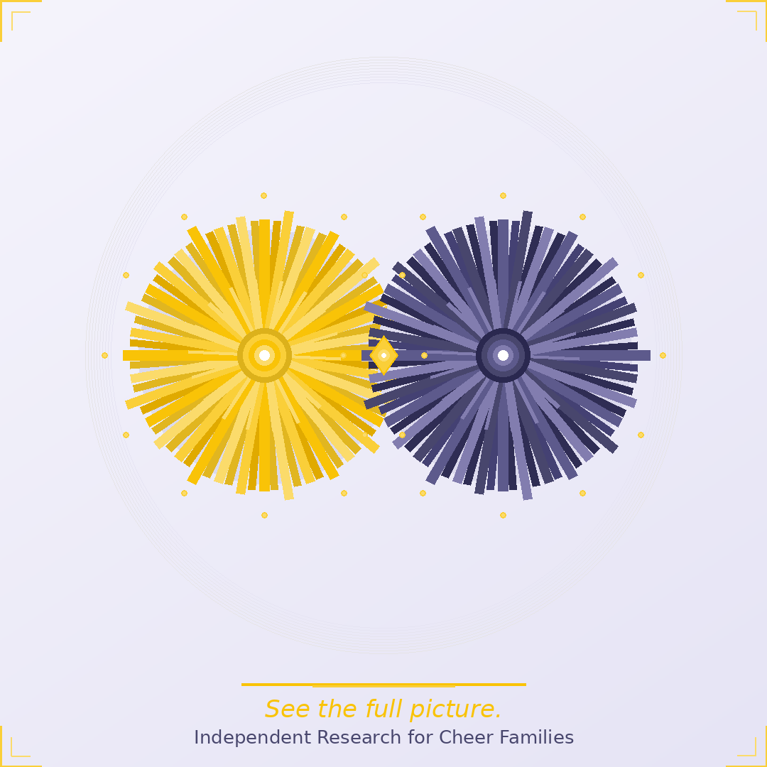 Graphic with two colorful circular designs resembling fireworks, yellow on the left and purple on the right, with small dots around them. Text below says 'See the full picture. Independent Research for Cheer Families'.