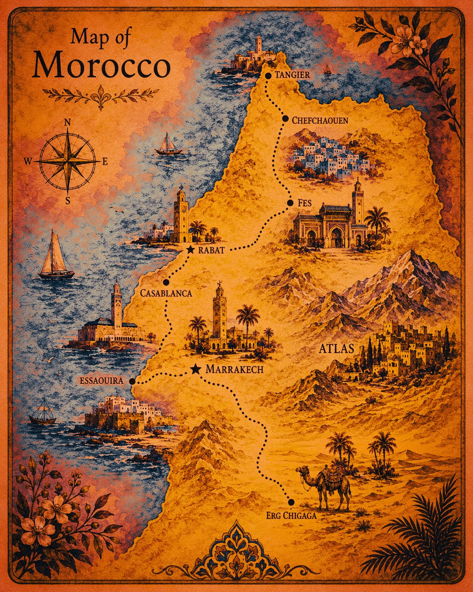 Illustrated map of Morocco showing major cities and landmarks, including Tangier, Chefchaouen, Fes, Marrakech, Essaouira, and Erg Chigaga, with a compass rose indicating north.