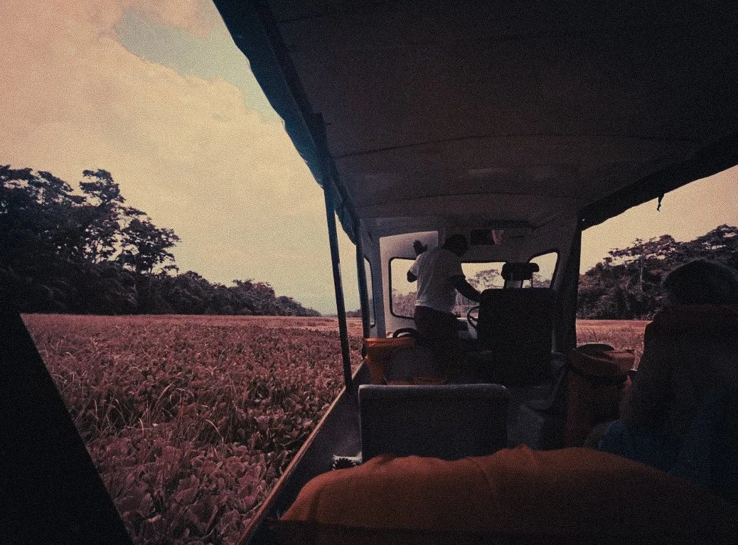 Inside a boat travelling through Costa Rica’s Caribbean canals from Parismina toward Moín, with thick floating vegetation and jungle along the water on the route to Puerto Viejo.
