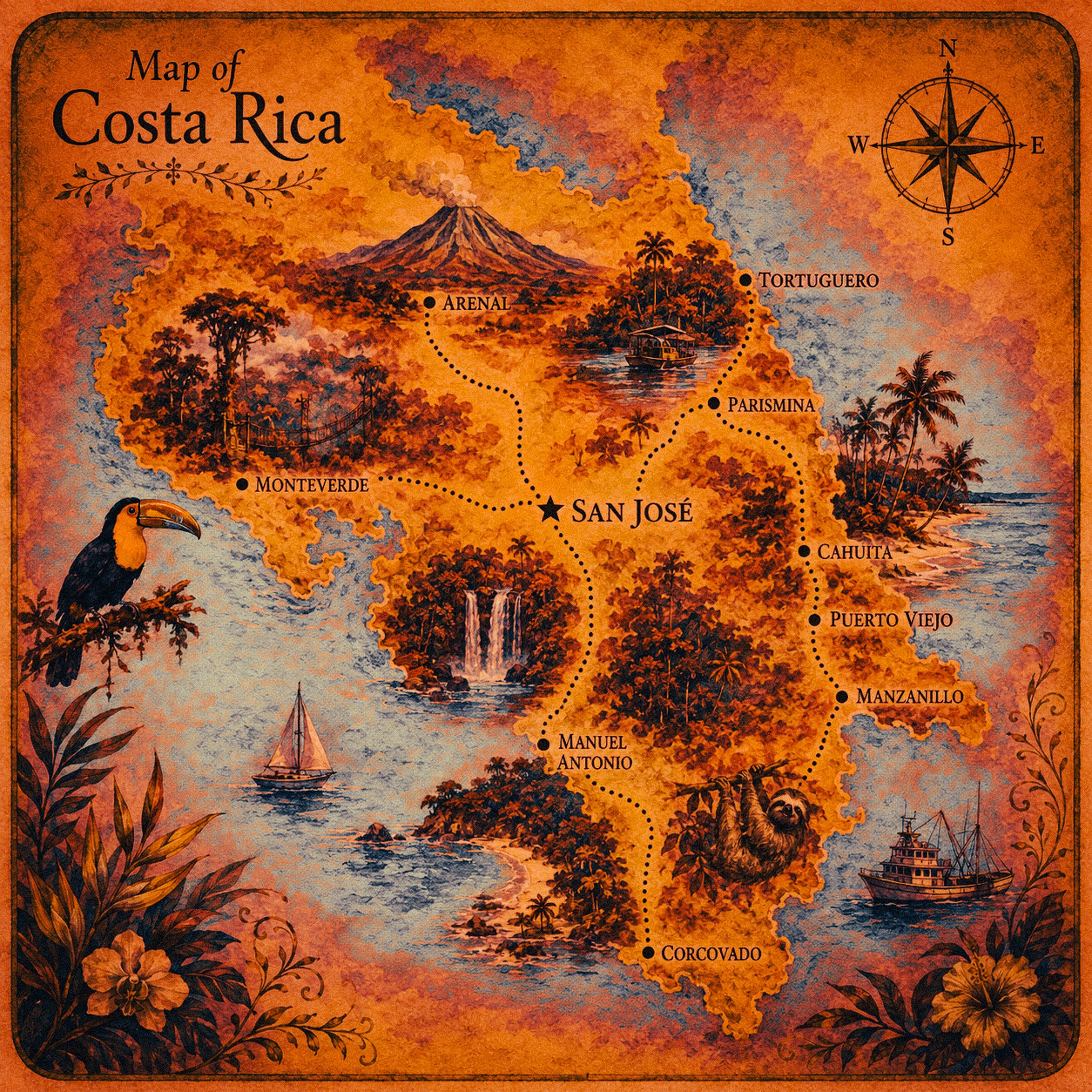 A vintage-style illustrated map of Costa Rica featuring landmarks such as a volcano, a waterfall, and ships, with tropical flowers and trees along the borders, and a compass rose in the upper right corner.
