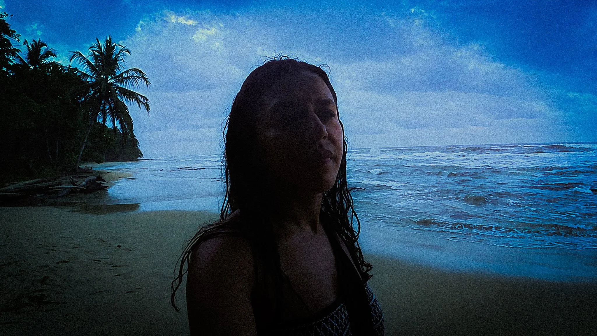 Woman standing on a wild Caribbean beach near Puerto Viejo with palm trees and rough sea