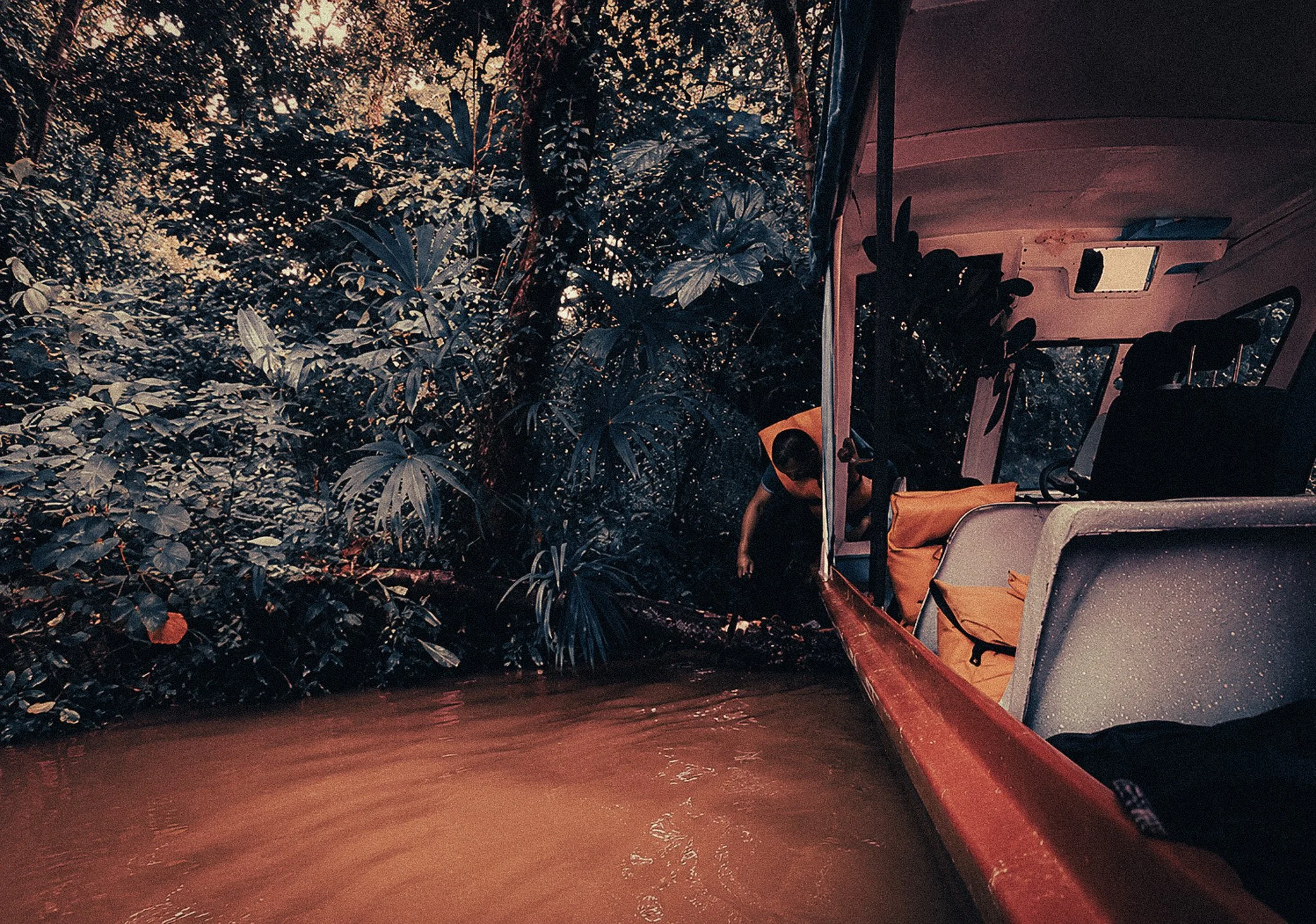 Boatman clearing a fallen branch from a narrow jungle canal on the route from Tortuguero to Puerto Viejo.