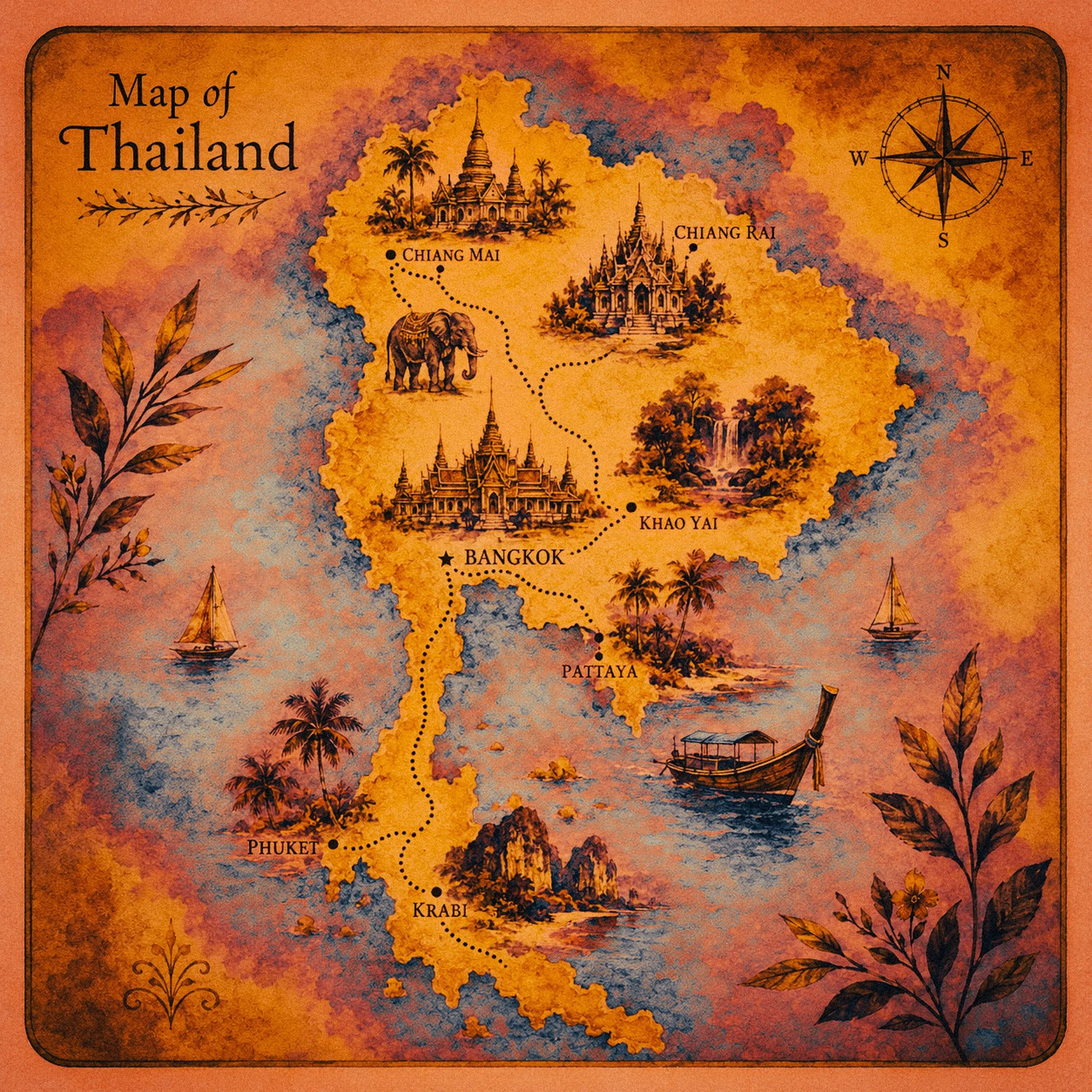 An illustrated map of Thailand with landmarks, cities, and a compass rose, featuring decorative elements like leaves and boats.