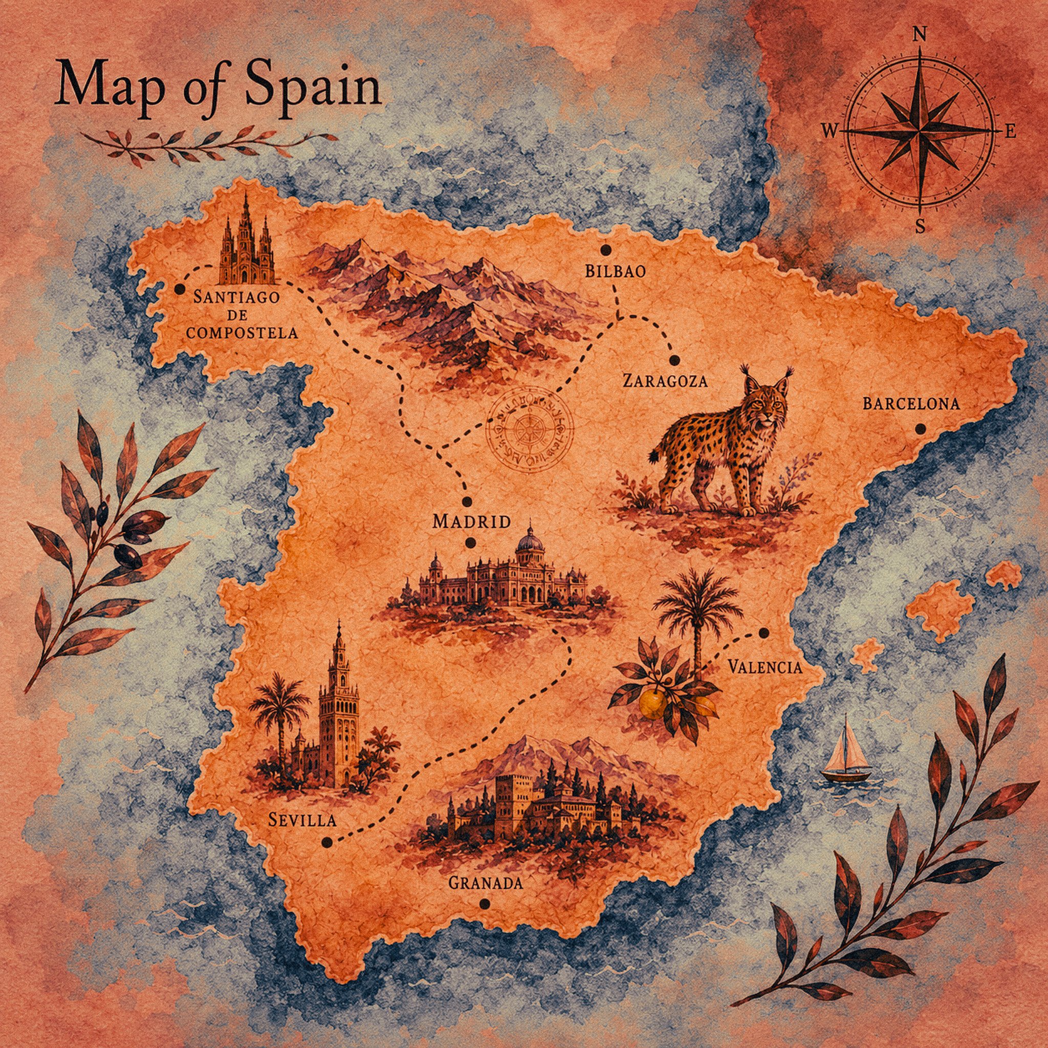 A stylized map of Spain with illustrated landmarks, cities, and decorative elements including a compass rose, a leopard, and botanical illustrations, titled 'Map of Spain'.