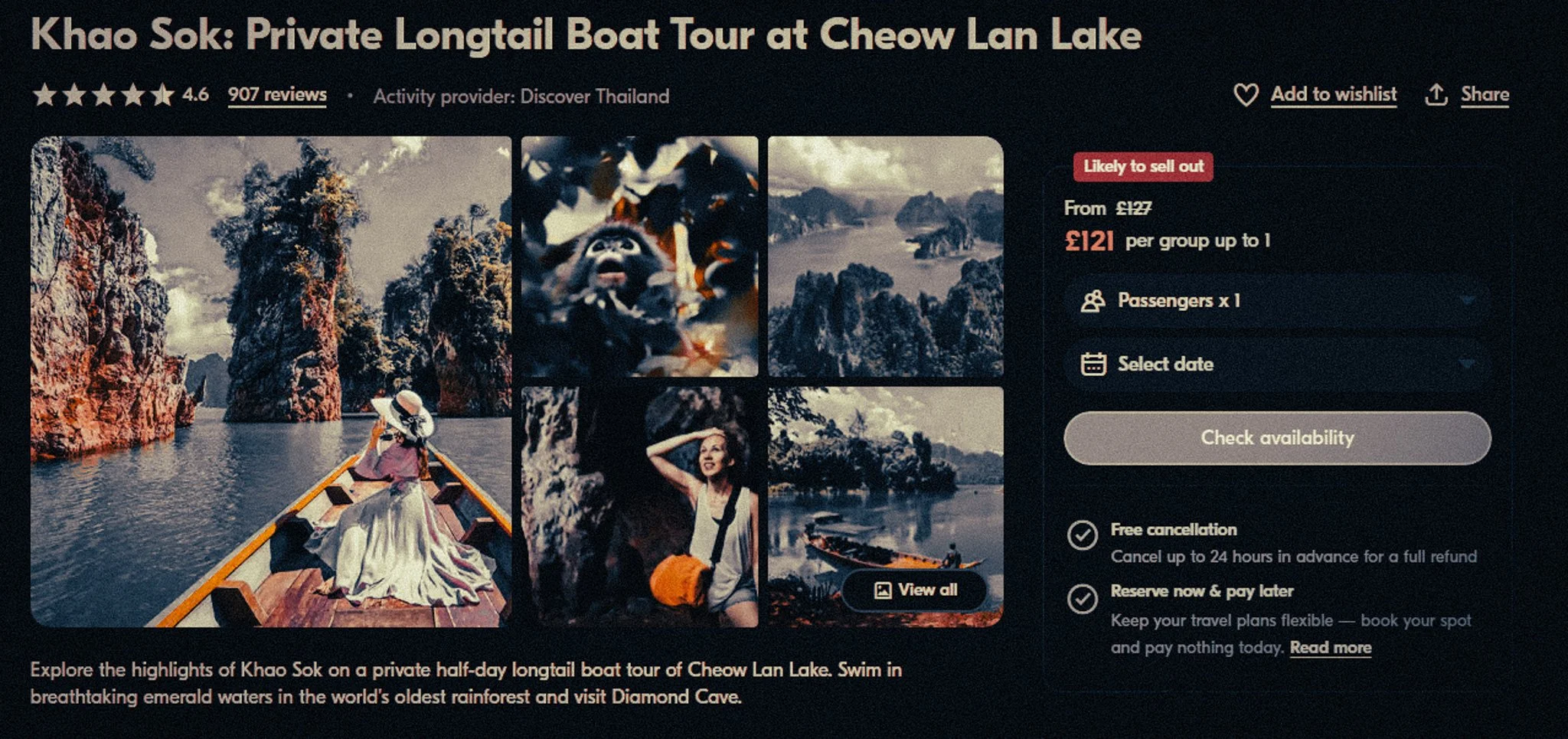 Explore the highlights of Khao Sok on a private half-day longtail boat tour of Cheow Lan Lake. Swim in breathtaking emerald waters in the world's oldest rainforest and visit Diamond Cave.