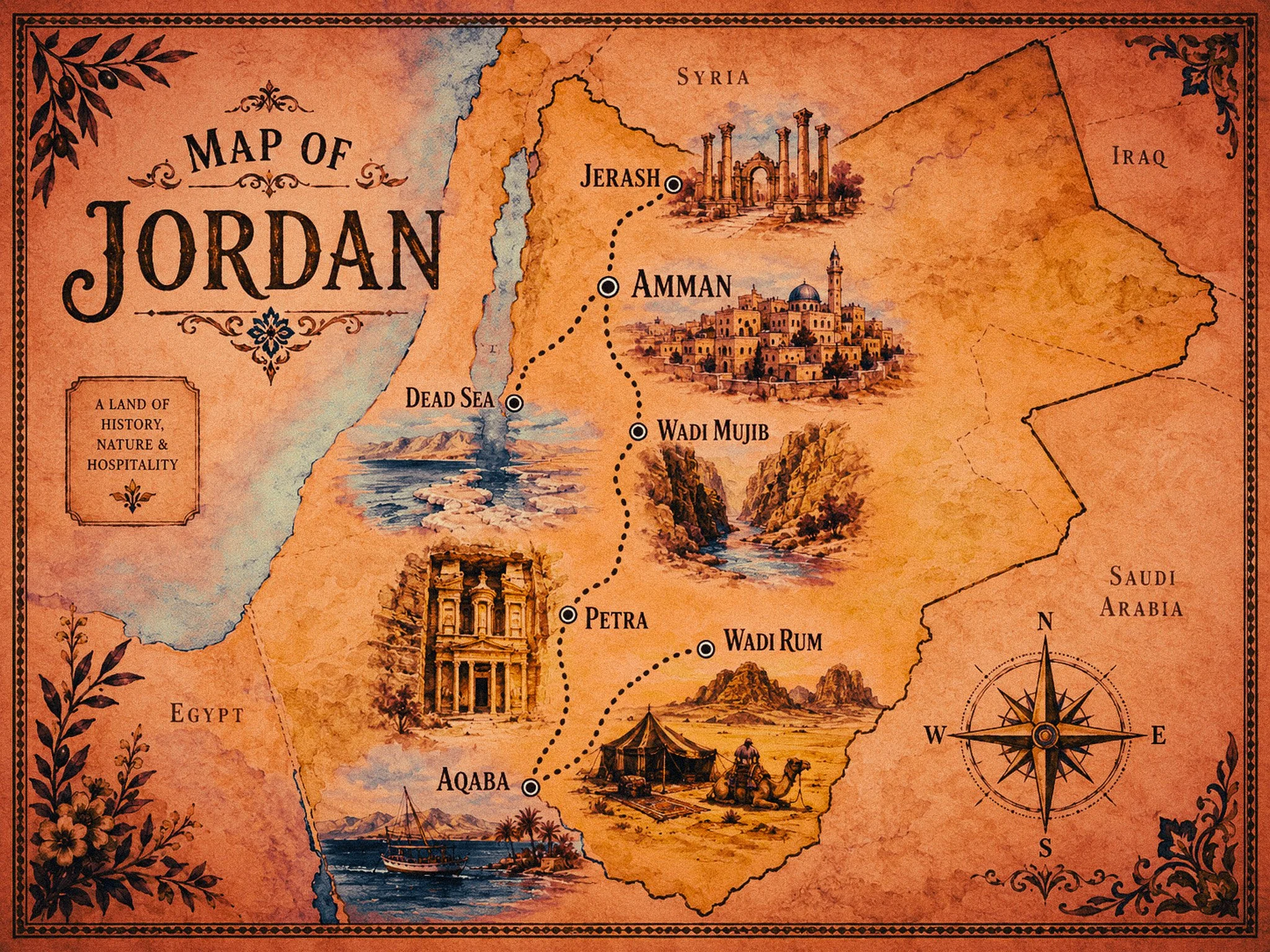 Vintage map of Jordan featuring illustrations of historical sites, cities, and landmarks, with a decorative border and compass rose.