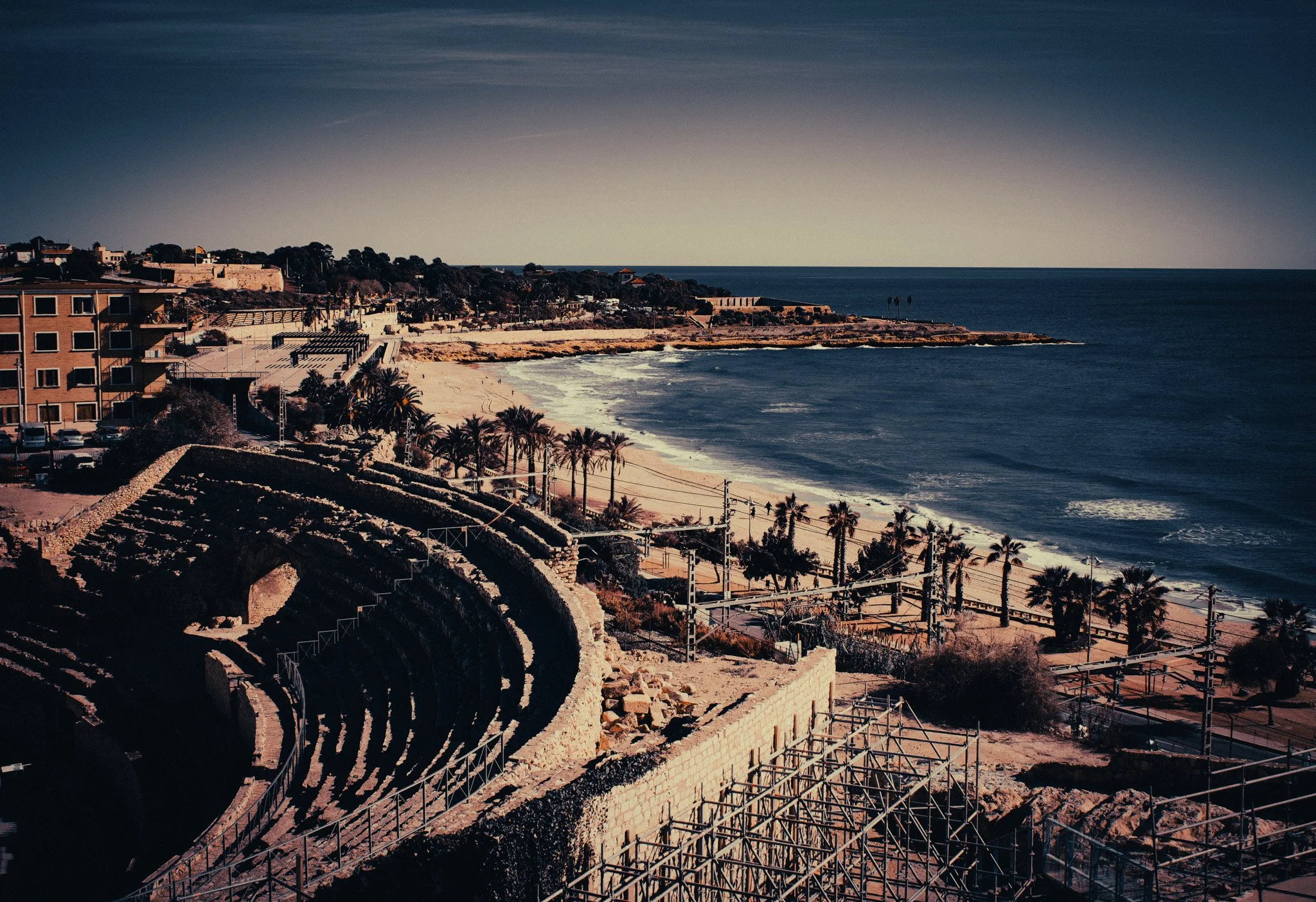 View of amphitheatre in Tarragona, next to the sea.