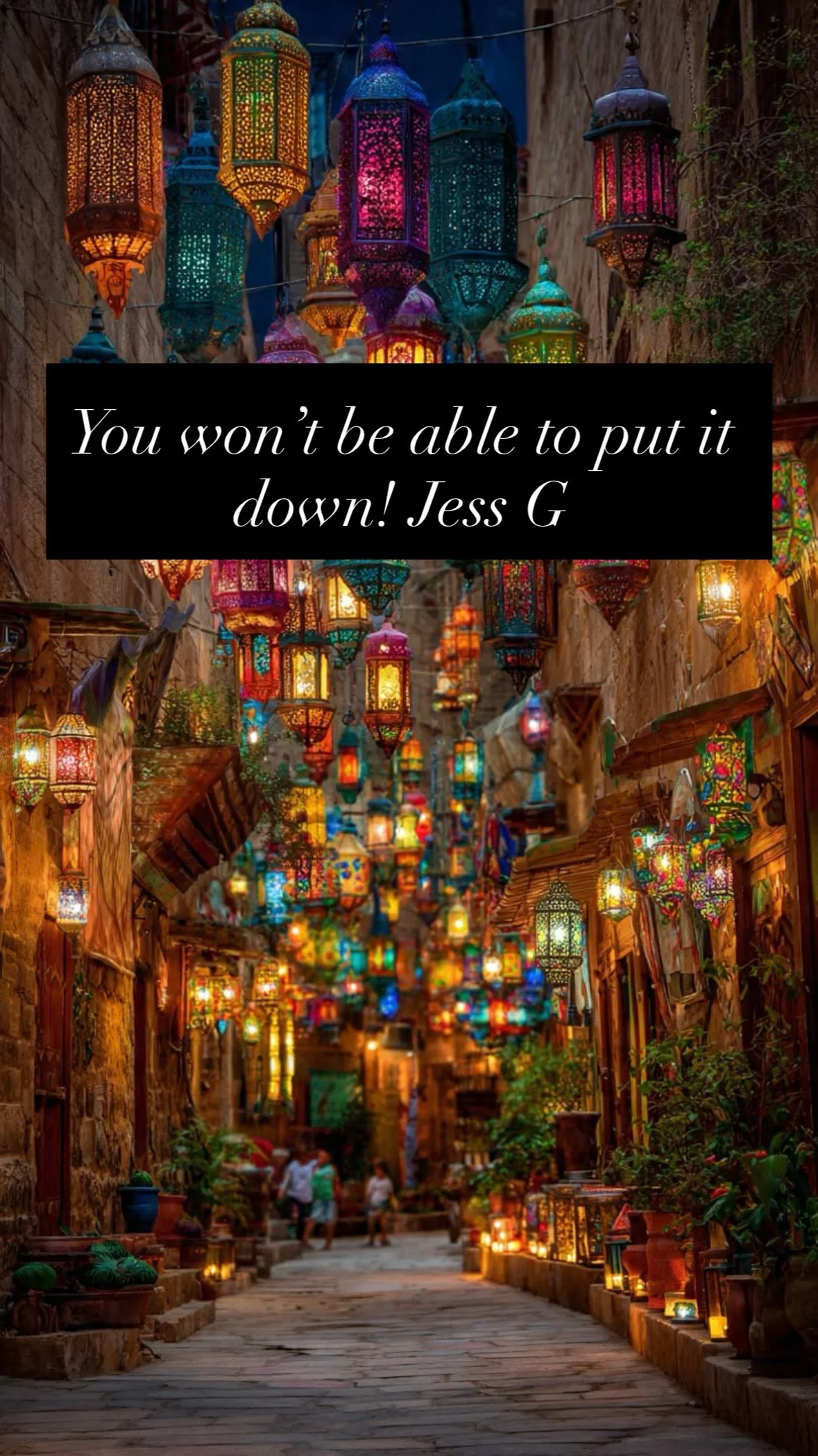 Colorful hanging lanterns decorate a narrow alleyway during evening with people walking.