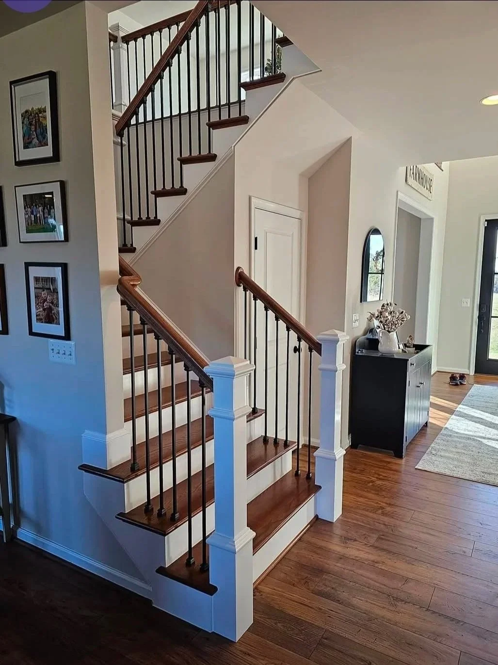 One of my favorites! Stairs, railings, and metal hollow balusters. We modified the side skirts on this stairway to expose the treads so they weren't boxed in.  