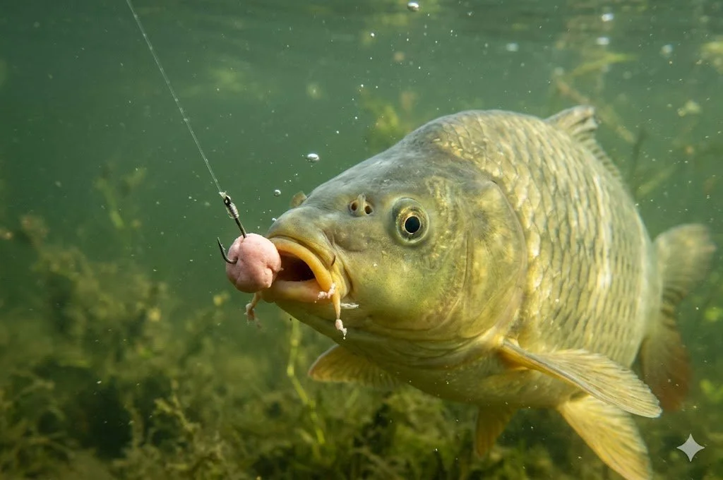 Close-up of a fish underwater with a fishing hook in its mouth, attached to a pink bait.