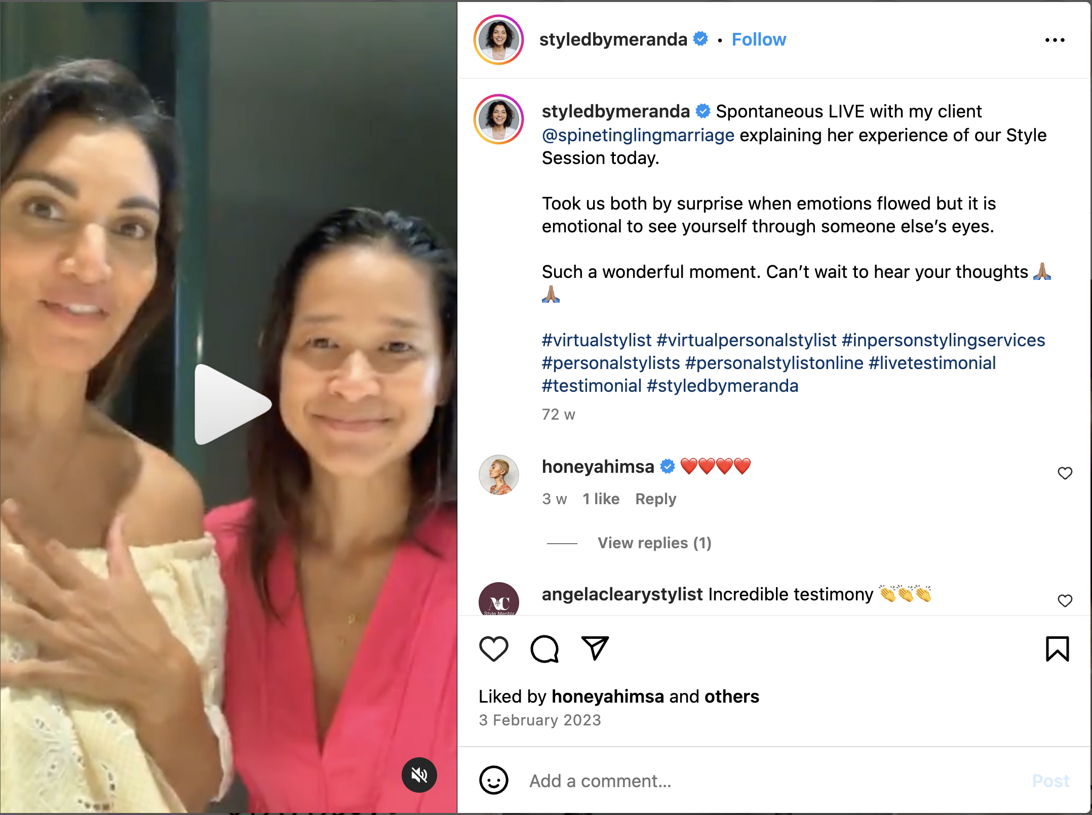 Two women appear in a video thumbnail for an Instagram live session. One woman has long dark hair, wearing a yellow top, and is smiling while touching her chest. The other woman has medium-length dark hair, wearing a pink jacket, and is smiling at the camera. The Instagram post is by styledbymeranda, describing a spontaneous live session with a client sharing her experience of a style session.