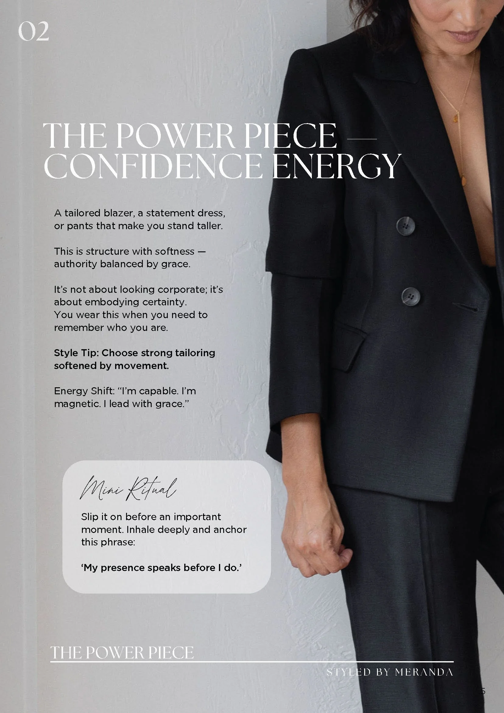 A woman wearing a black blazer with a hand at her side, partially visible, standing against a neutral background. The image includes text promoting confidence energy and styling tips.