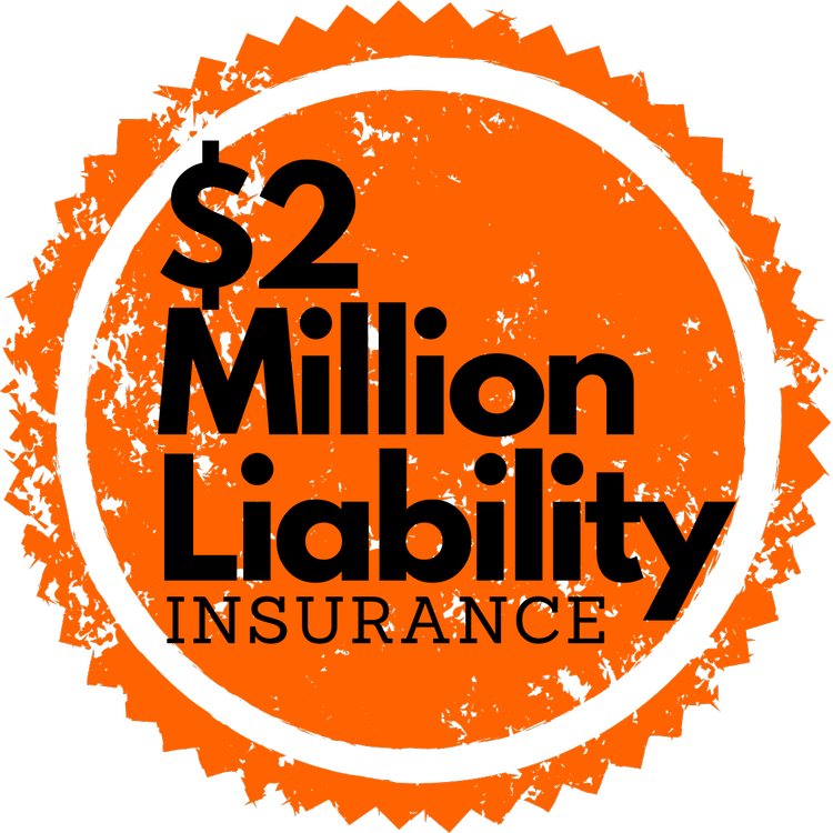 Orange and black distressed circular emblem for $2 million liability insurance.