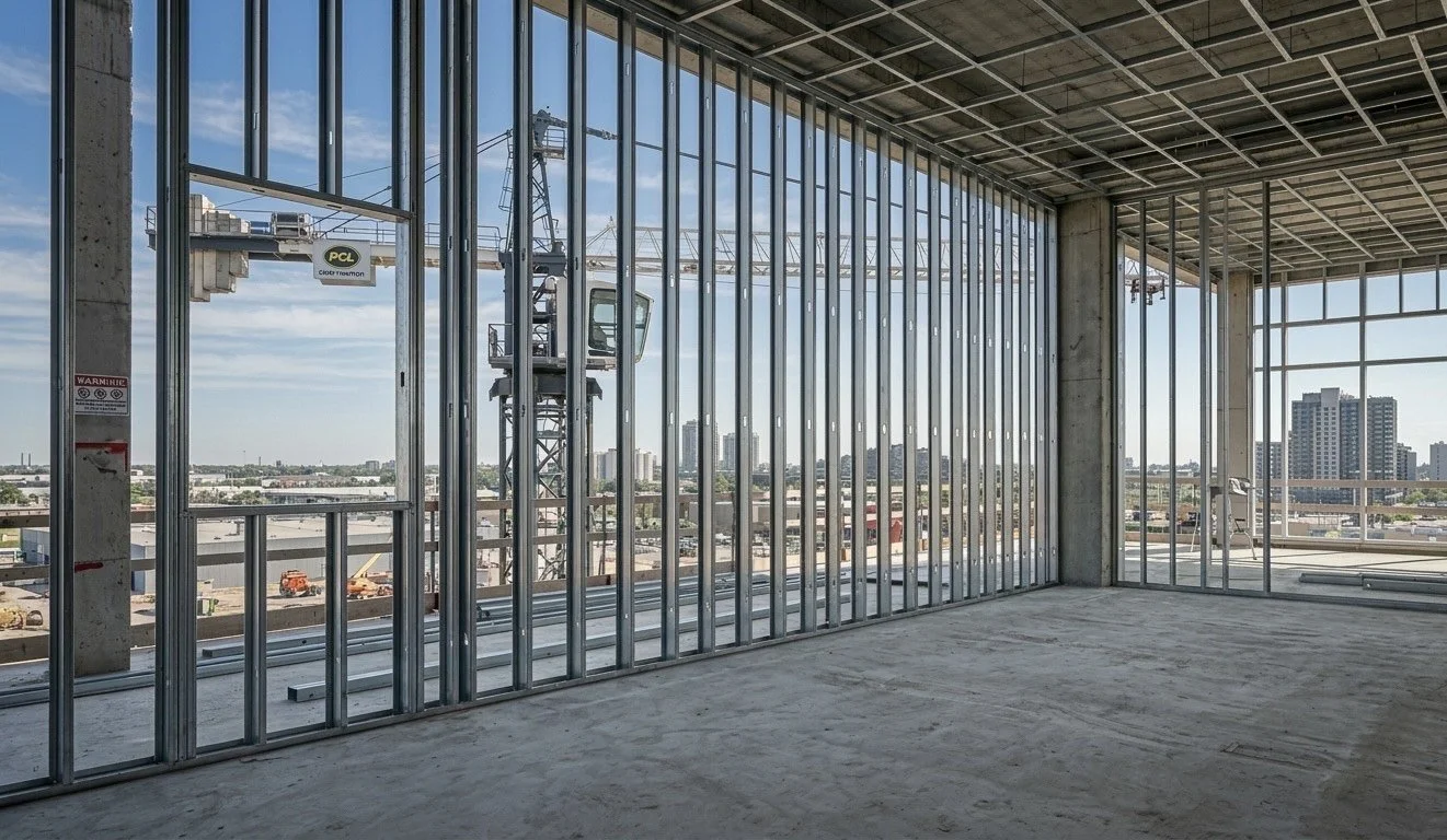 View of a construction site from inside a building under construction, showing metal framing and a cityscape with buildings and a crane outside.
