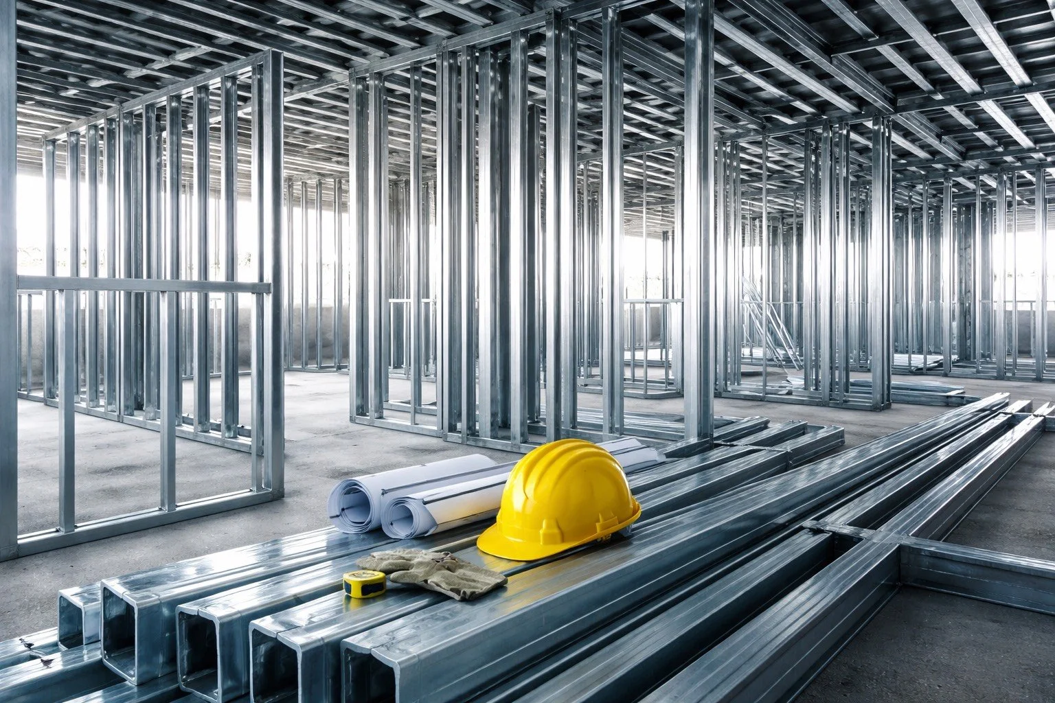 Construction site with steel framing for a building, including steel beams, a yellow safety helmet, rolled blueprints, gloves, and a measuring tape
