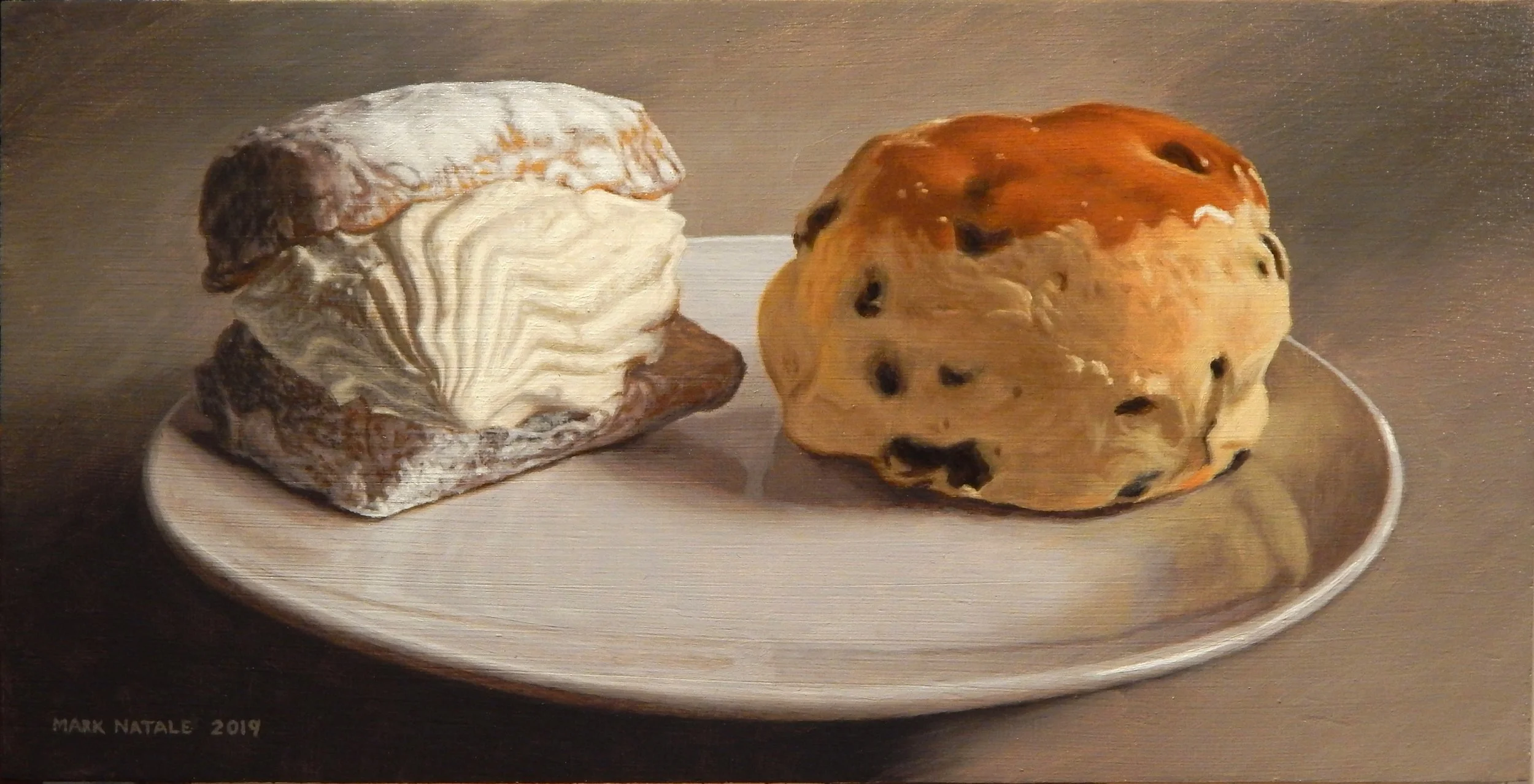 "Cream Doughnut and Tea Biscuit" Oil on Panel 5" x 10" - SOLD