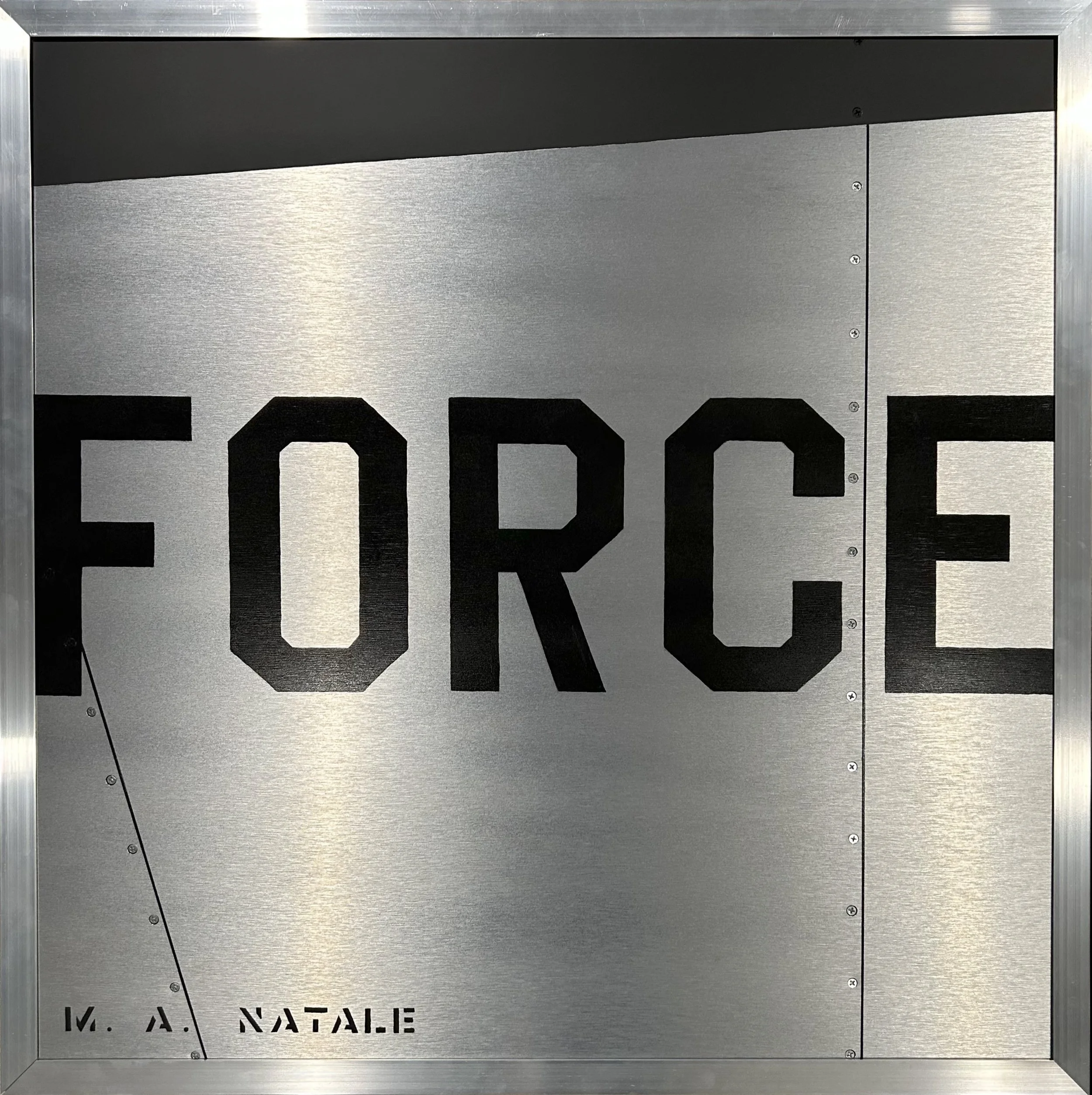 "FORCE" ~ 30" x 30" ~ Acrylic, paint marker, screws on brushed aluminum composite panel, framed in aluminum