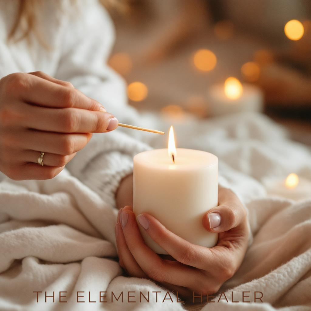 Person lighting a white candle with a matchstick in a cozy setting with blurred warm lights in the background.