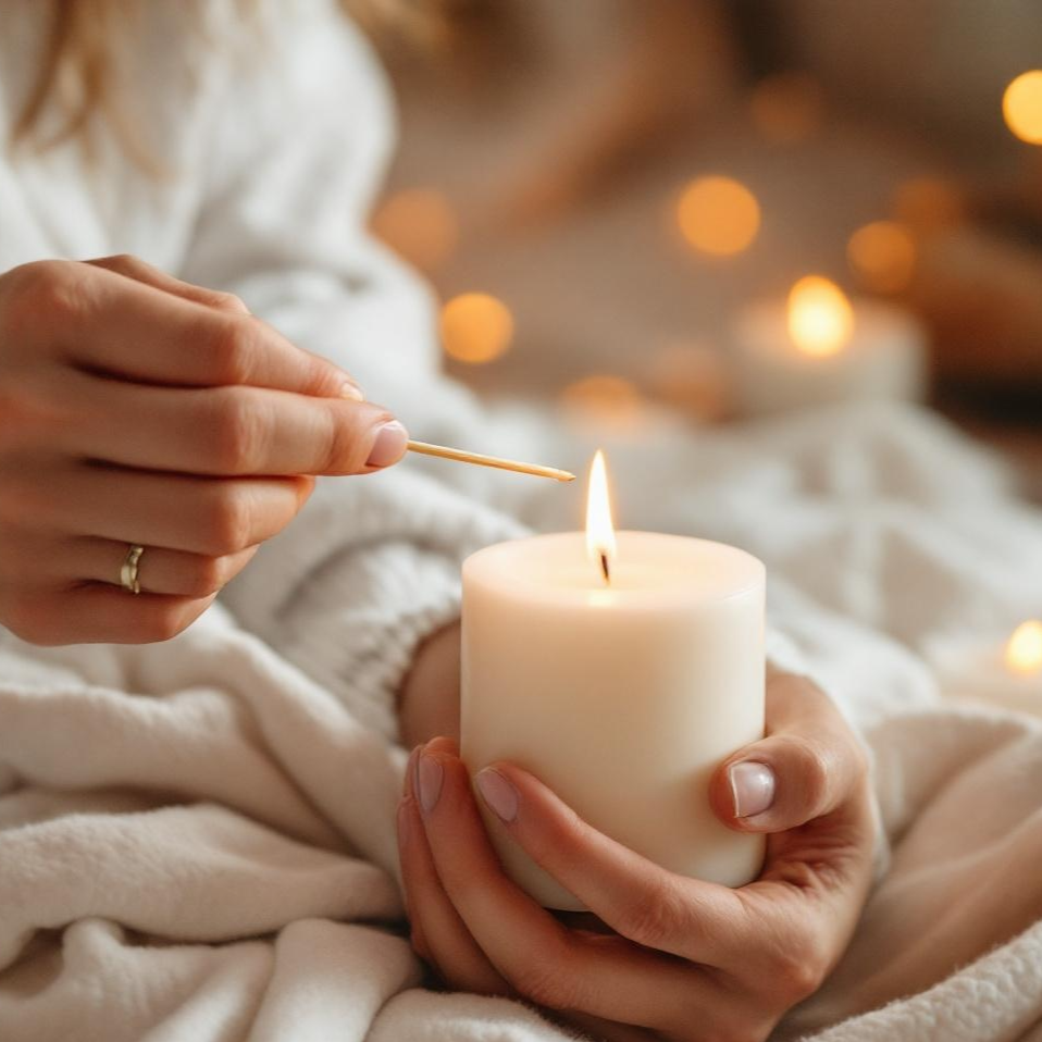 Person lighting a white candle with a match in a cozy setting with blurred lights in the background.