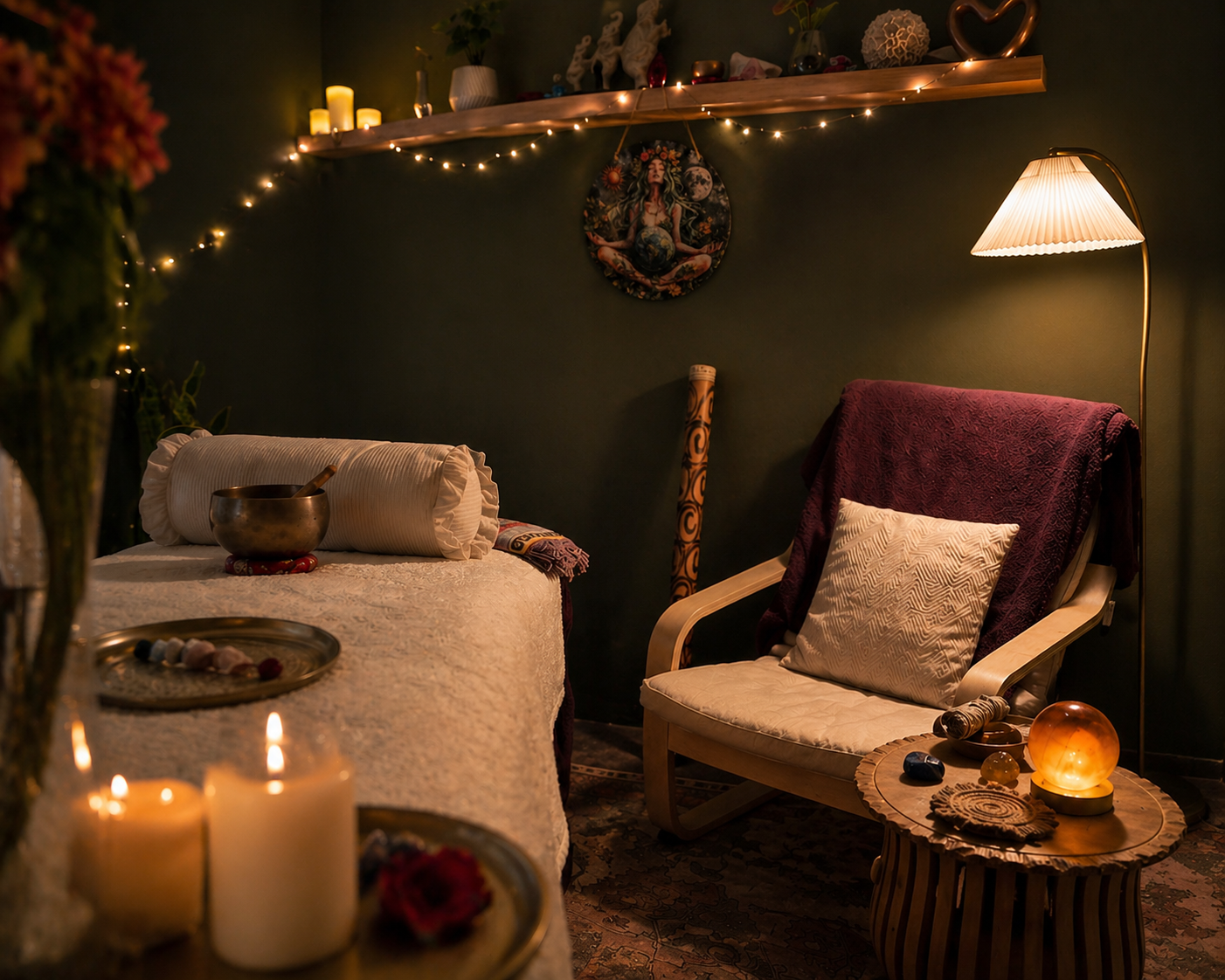 A cozy room decorated with candles, string lights, and spiritual artifacts. There is a bed, a chair with a pillow, and a small table with a glowing lamp and crystal stones.