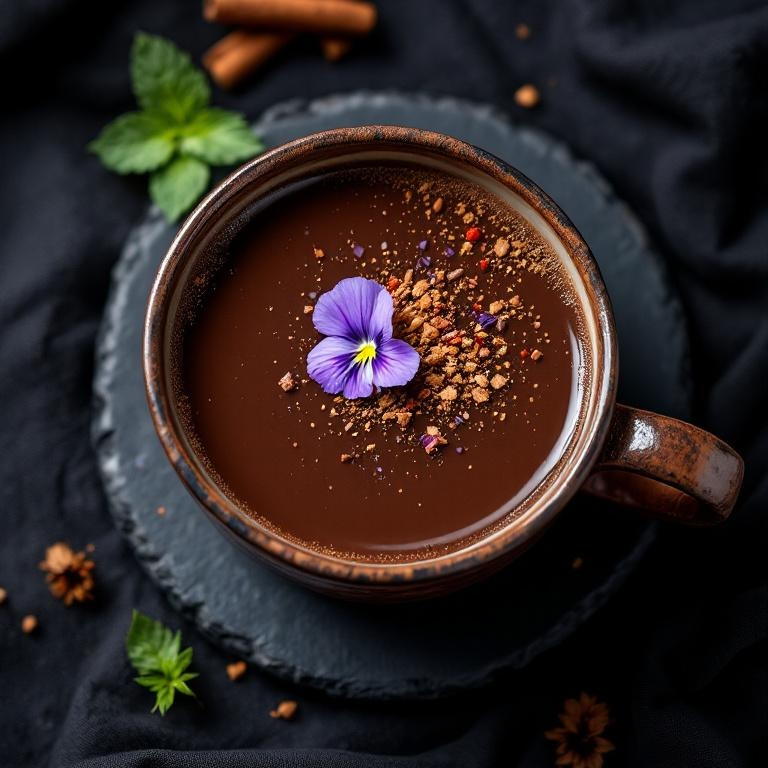 A brown ceramic mug filled with hot chocolate, topped with a purple edible flower and sprinkled with crushed nuts or cookies, set on a black slate coaster with a dark cloth background.