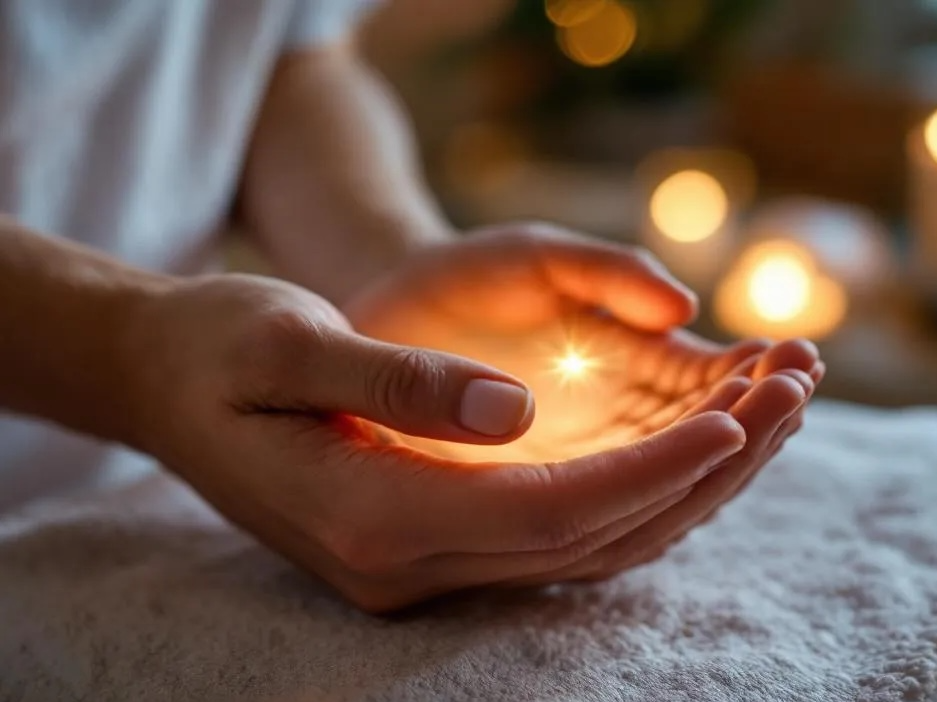 Person holding a glowing, transparent crystal ball or sphere with a warm light inside
