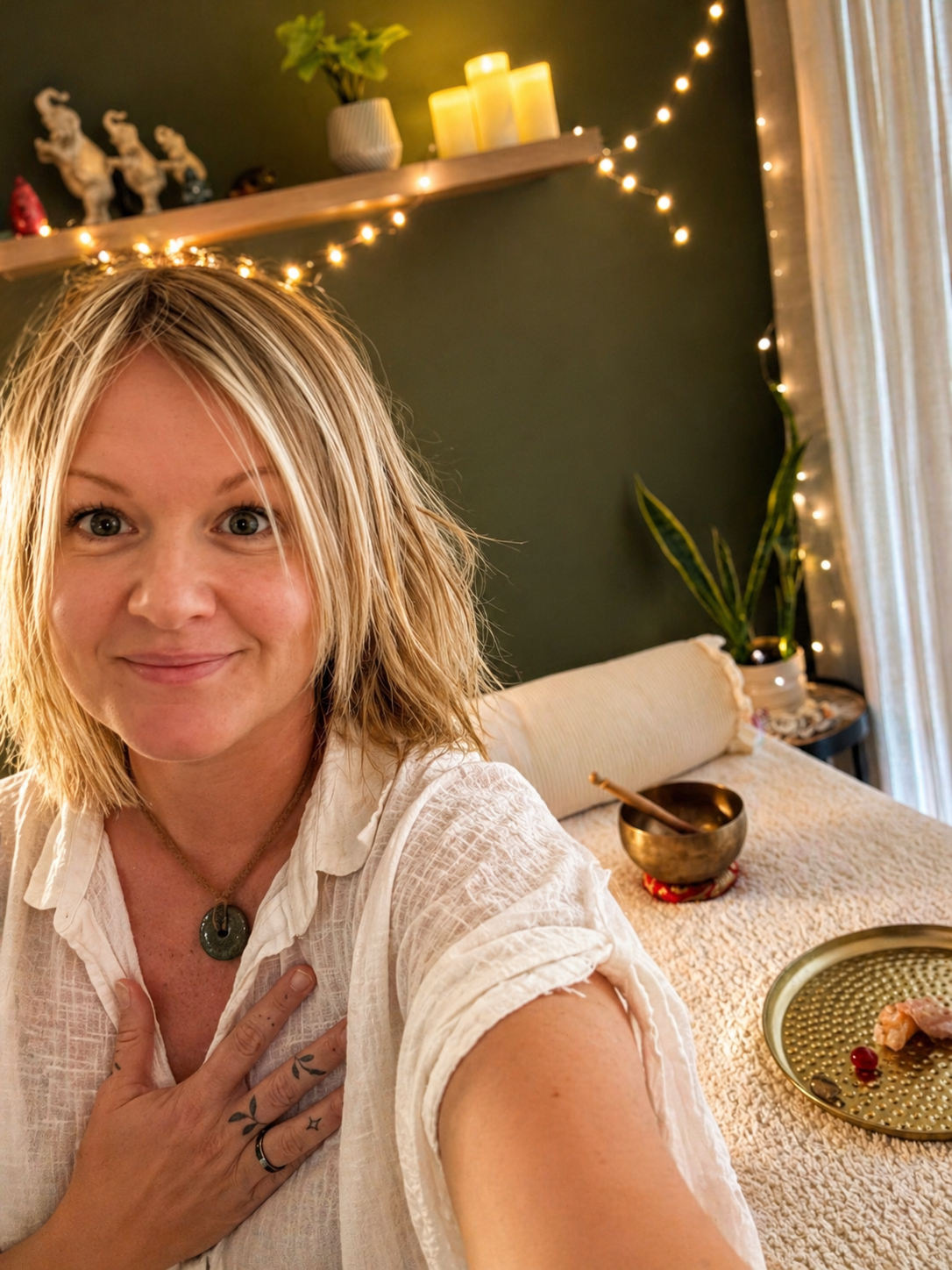 A woman taking a selfie in a cozy, decorated bedroom with string lights, candles, and plants.