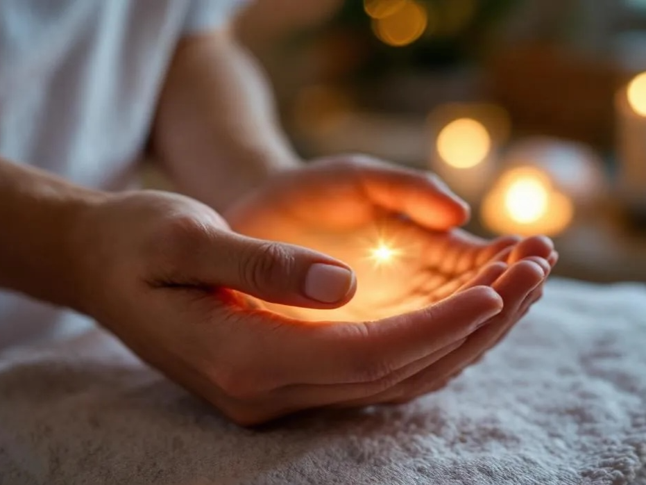 Person holding a glowing light in their hands with blurred warm lights in the background.