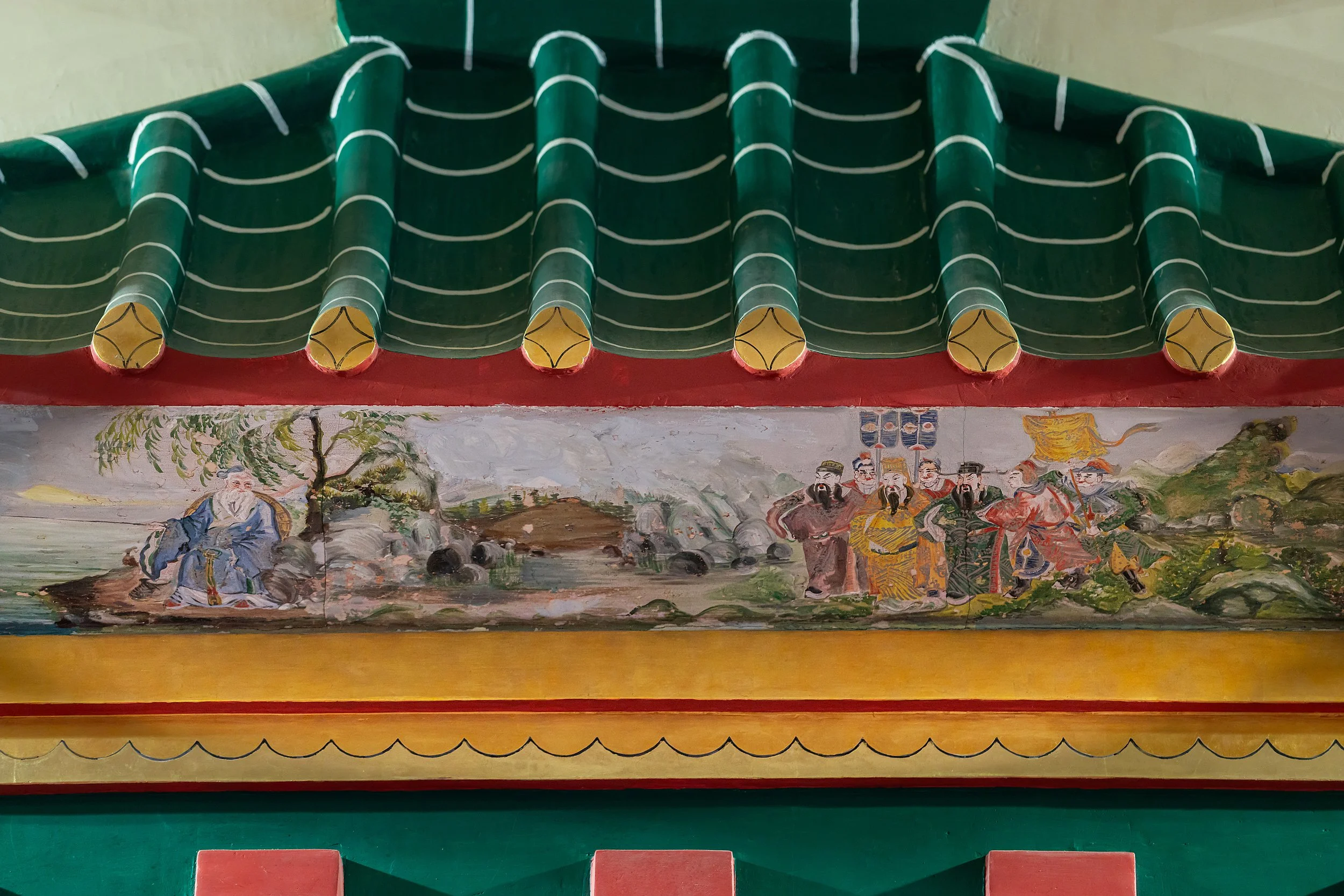 Colorful traditional Chinese painting with figures in historical attire and a vibrant backdrop, beneath a decorative green and gold roof.