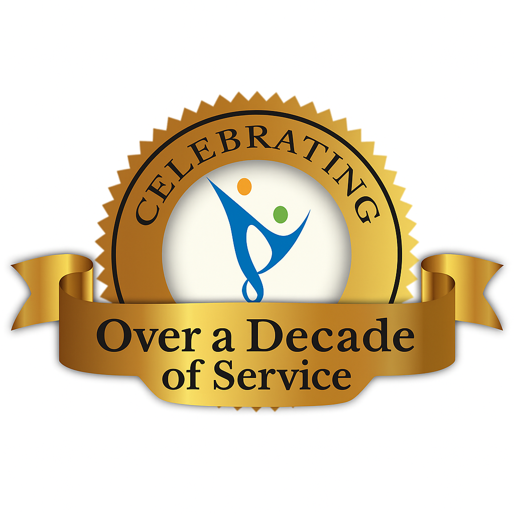 A gold medal with a ribbon that reads "Over a Decade of Service" and a circular emblem with the word "Celebrating" at the top, featuring a logo of two stylized figures, one blue and one green, with the blue figure reaching upward.