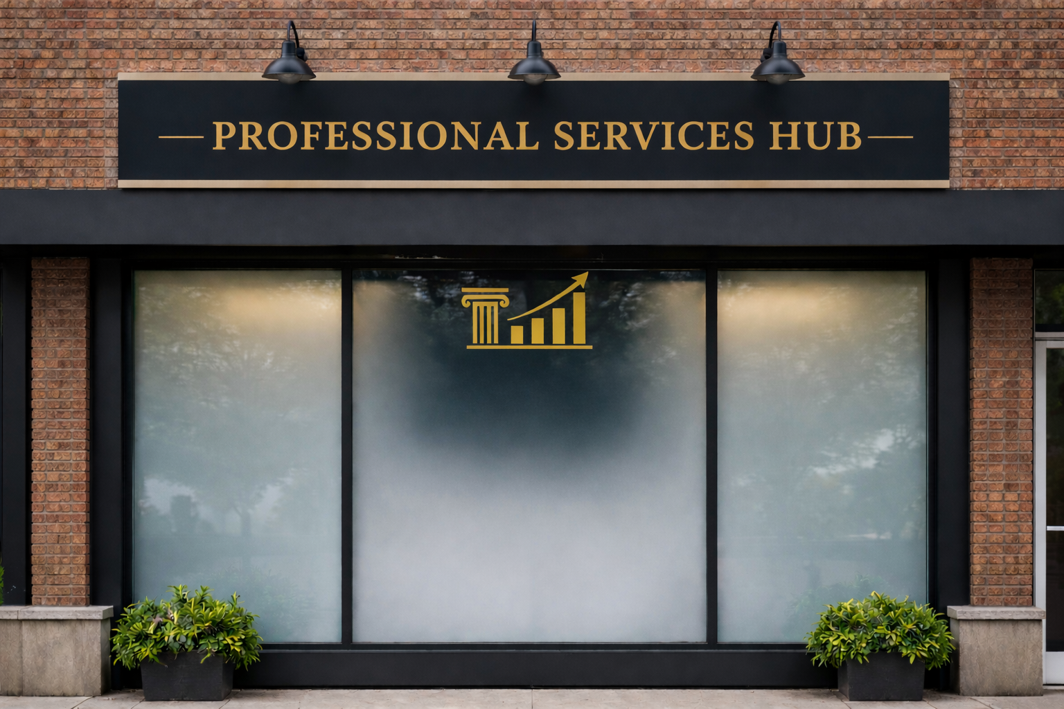 Exterior view of a business called 'Professional Services Hub' with a black sign and gold lettering, three black outdoor lights above, large frosted glass windows, brick walls, and two potted green plants outside.