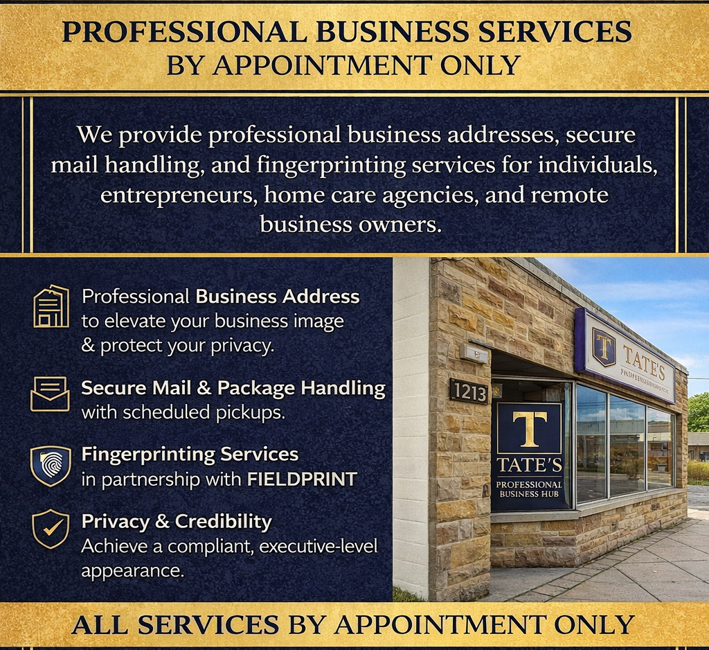 Signboard for Tate's Professional Business Hub advertising business services including business addresses, mail handling, fingerprinting, and privacy. The sign is attached to a stone building with glass windows, located at 1213.