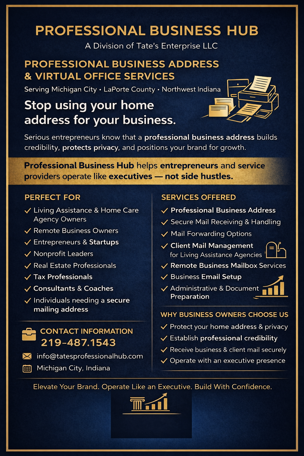 Business advertisement poster for a professional business hub offering address and virtual office services. Highlights benefits for entrepreneurs, service providers, and professionals with a contact number, email, and location in Michigan City, Indiana.