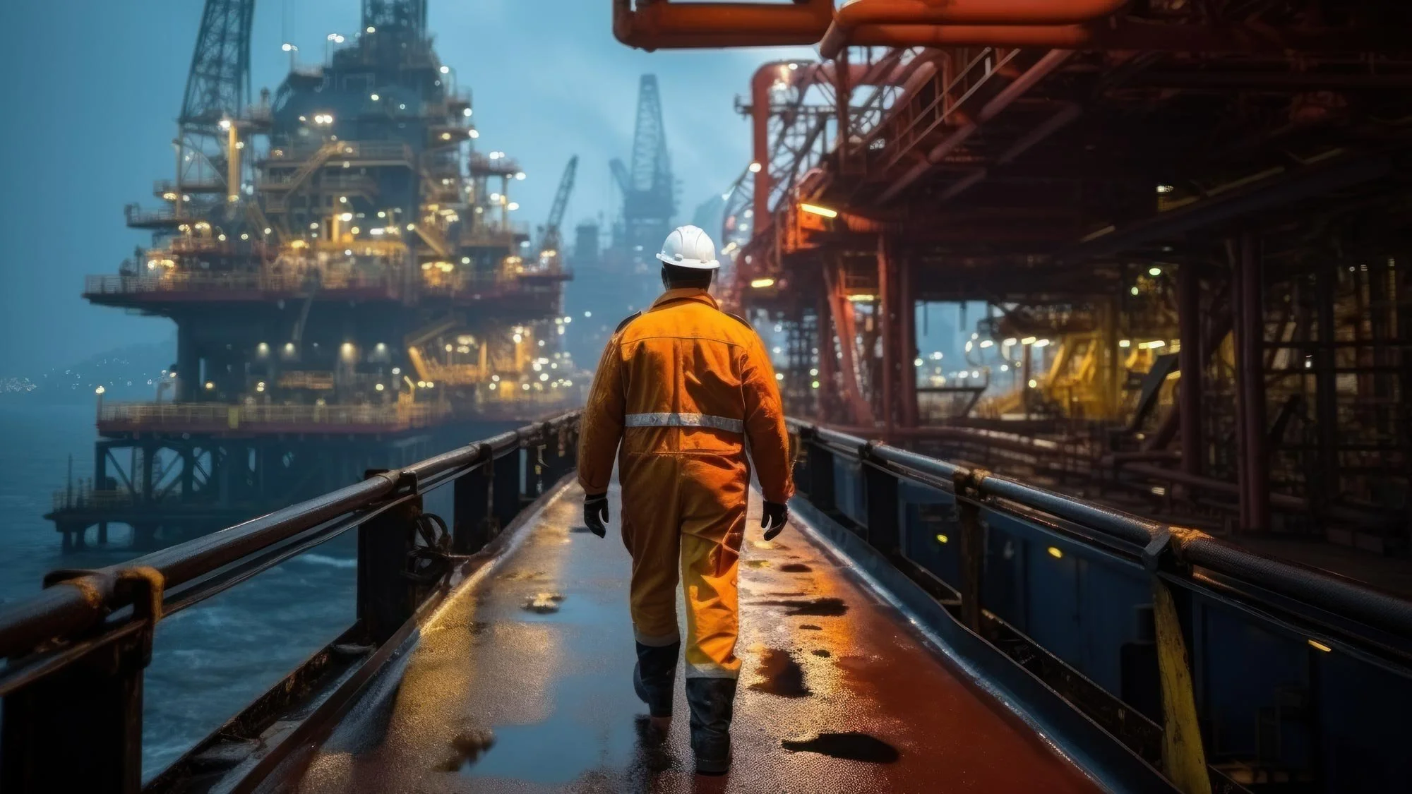 Worker in safety gear walking on an oil platform in the evening.