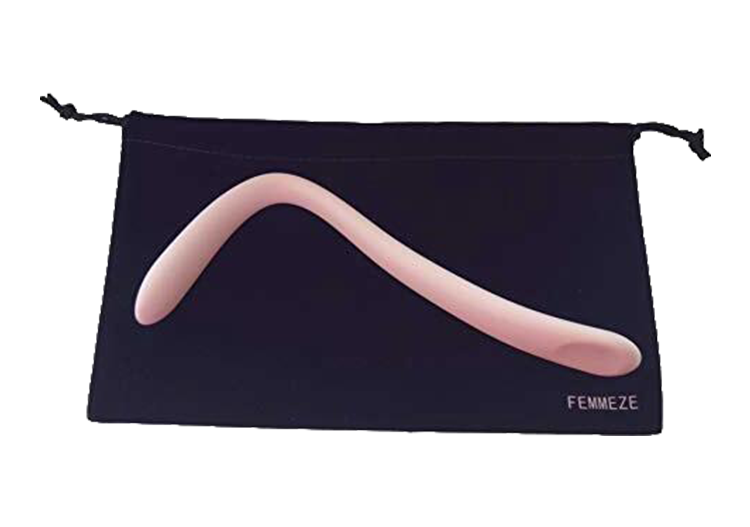 A black drawstring pouch with a light pink object resembling an elongated, curved shape on it, and the word 'FEMMEZE' printed in the bottom right corner.