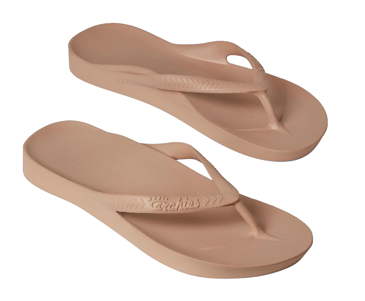 A pair of beige flip-flops with textured insoles and a thong strap design.